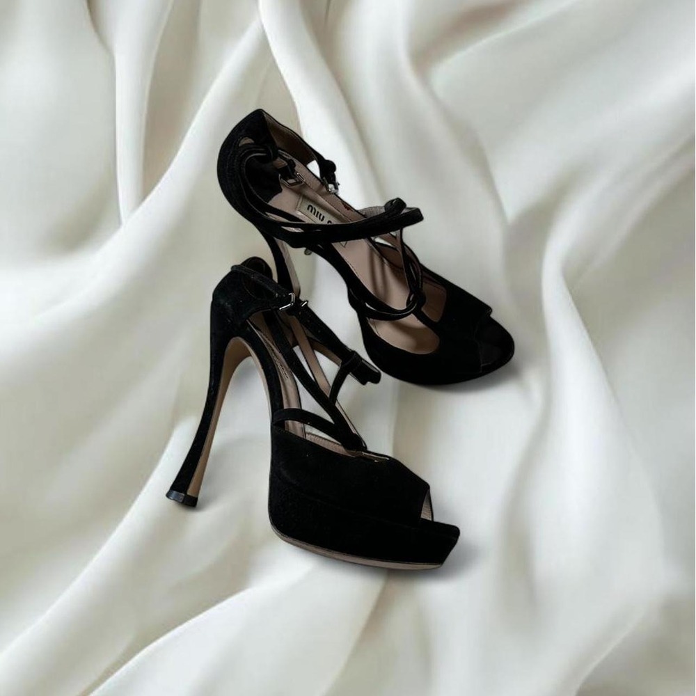 Miu Miu black suede strappy heels peep toe ankle buckle detail y2k designer boho